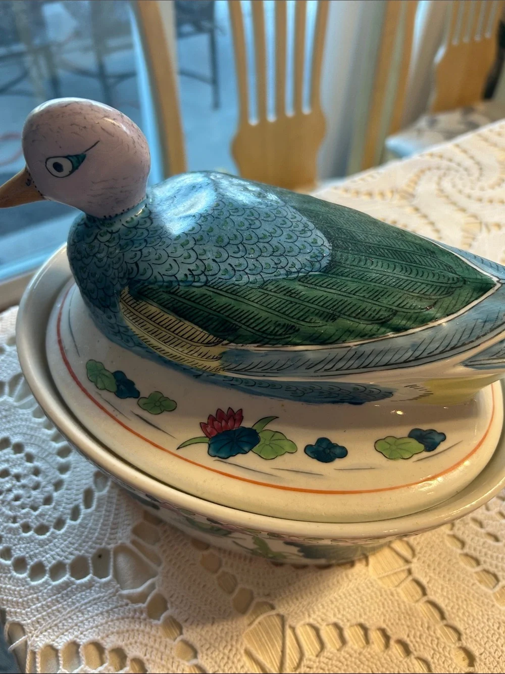 Hand-Painted Ceramic Duck Covered Dish in Teal and White Vintage item